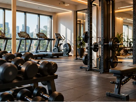 Área de musculação de uma academia, com halteres, racks e esteiras