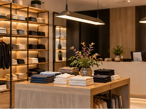 Interior de loja de roupas com prateleiras e mesa de exposição