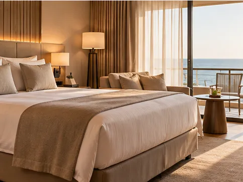 Quarto de hotel com cama de casal e varanda com vista para o mar